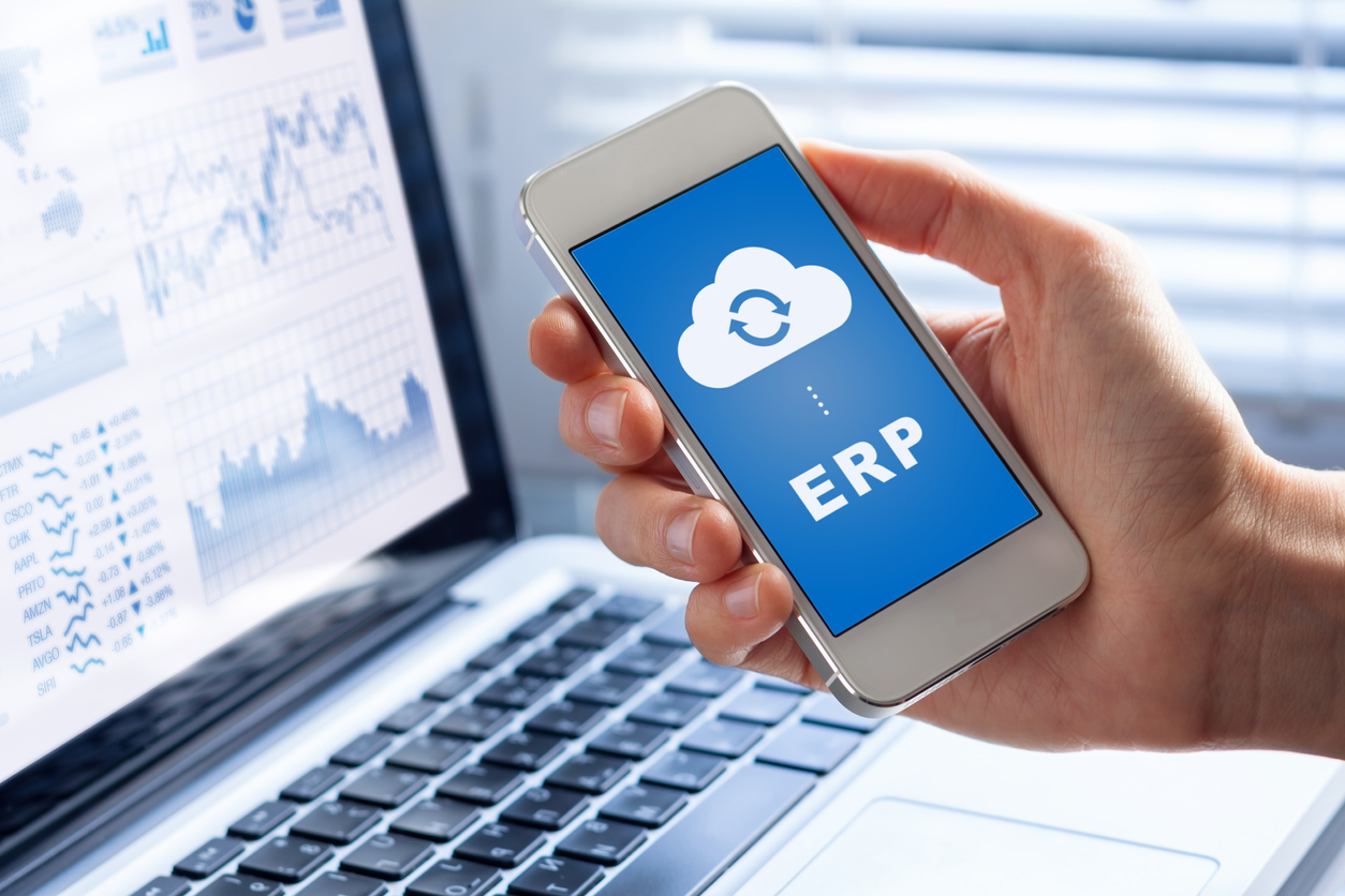 ERP (Enterprise Resource Planning) app on smartphone screen connecting data with cloud computing, access to HR management, production control, accounting