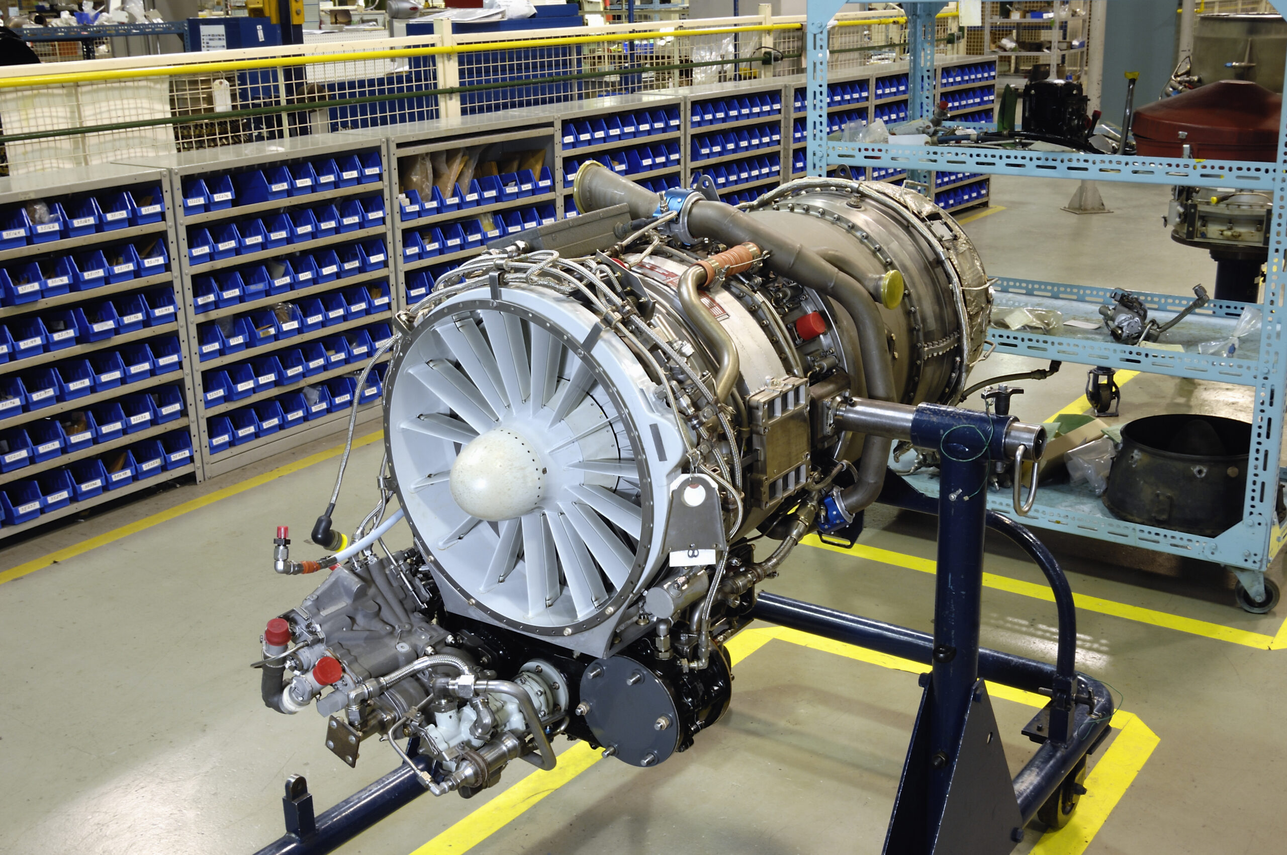 Gas turbine (jet) engine on stand for overhaul