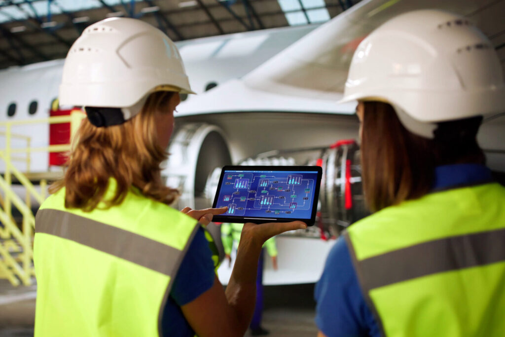 Aviation technicians reviewing aircraft operations inside a maintenance hangar